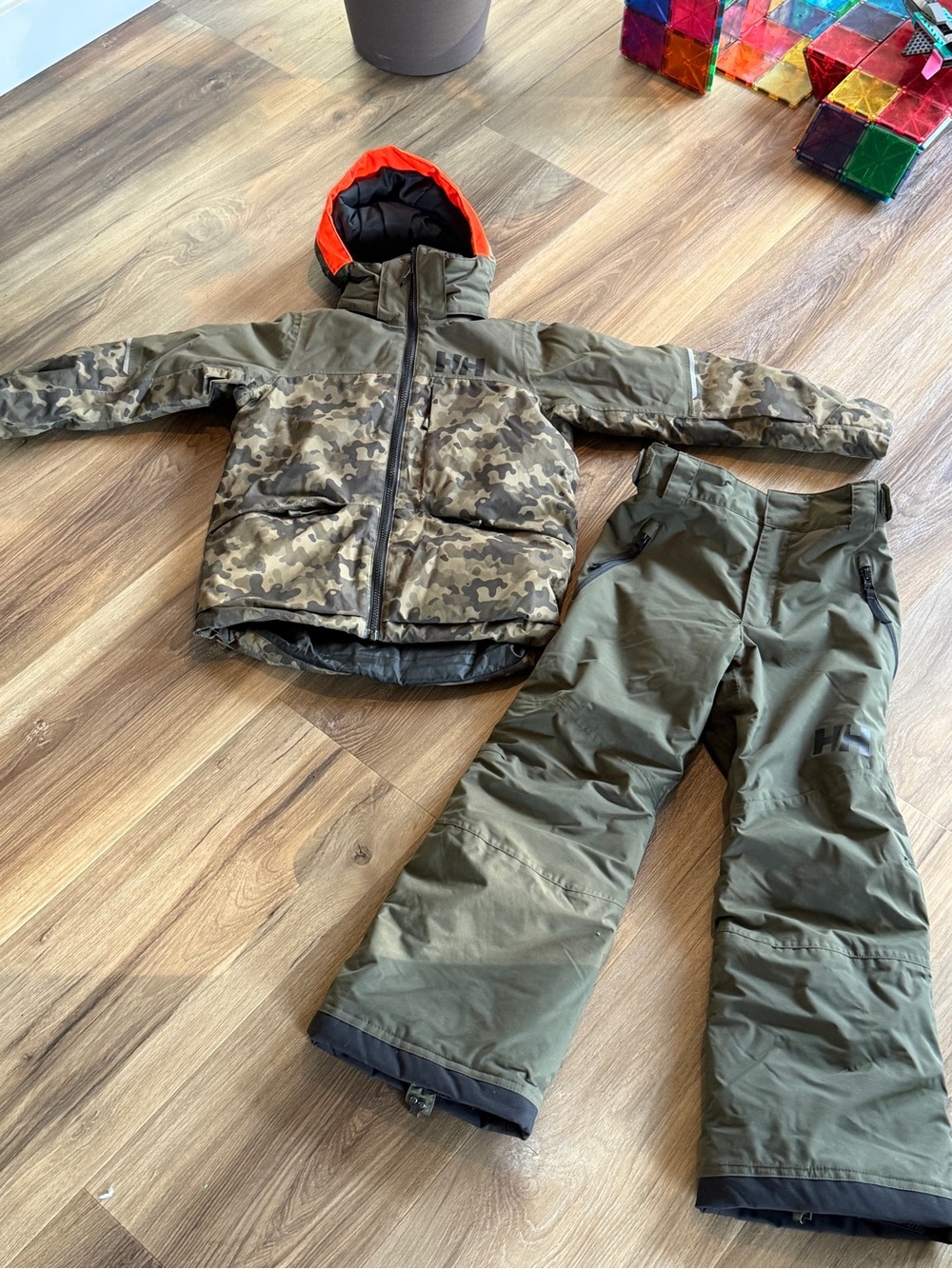 Helly Hansen Kids Olive Camo Puffer Jacket with Bright Orange Hood